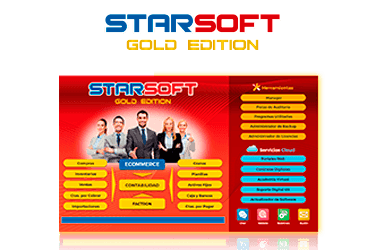 Panel de STARSOFT Gold Edition: compras, inventarios, ventas, contabilidad, planillas, activos fijos, factron, cuentas por cobrar, comercio electrónico