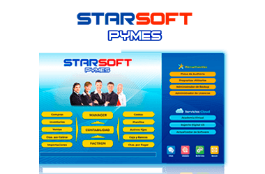 Panel de STARSOFT PYMES: manager, inventarios, ventas, contabilidad, planillas, activos fijos, factron, cuentas por cobrar